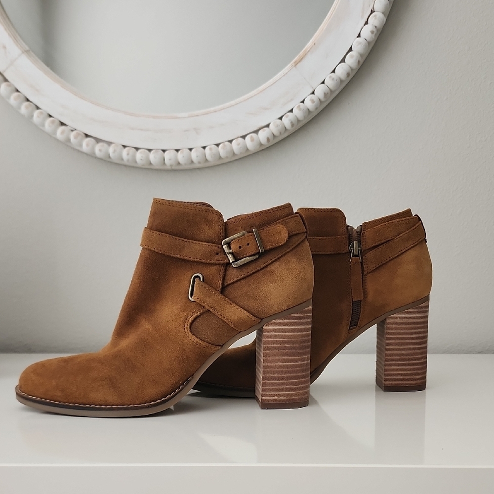 Franco Sarto Brown Ankle Booties with Stacked Heel